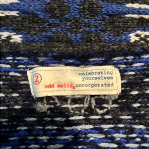 ODD MOLLY Boho Scandi Blue Black Wool Shawl Collar Embroidered Knit Cardigan M - Picture 8 of 11